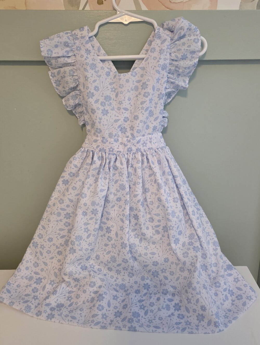 Smockingbird 4 Or 4t Smocked Pinafore Light Blue Floral Ruffle-Sleeve  Dress